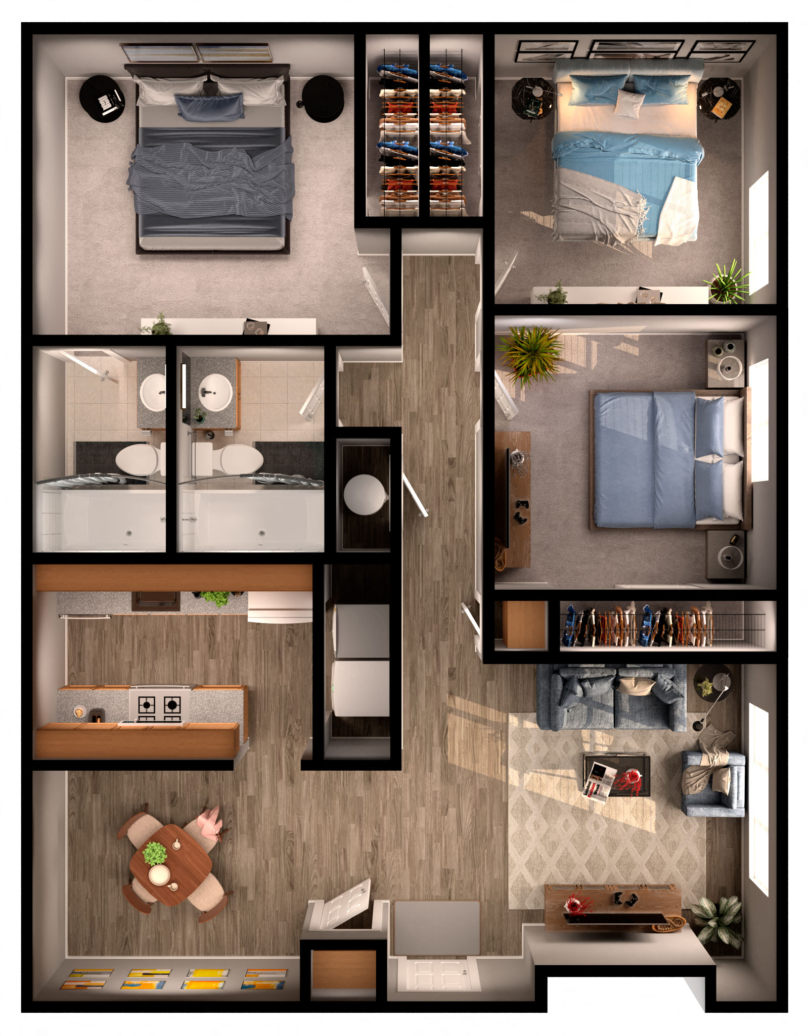 Floor plan for 3 beds, 2 baths, 1000 sqft