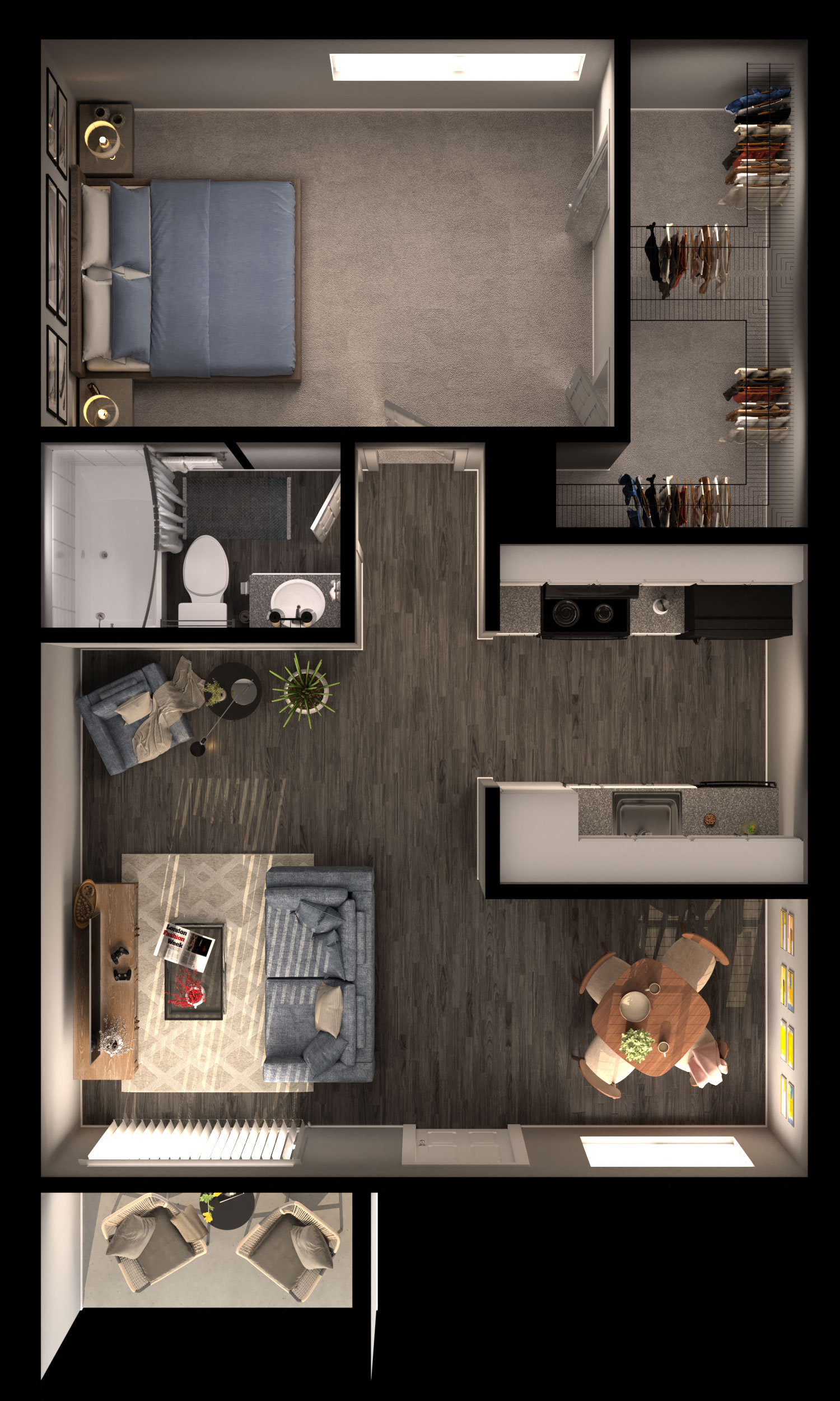 Floor plan for 1 bed, 1 bath, 656 sqft