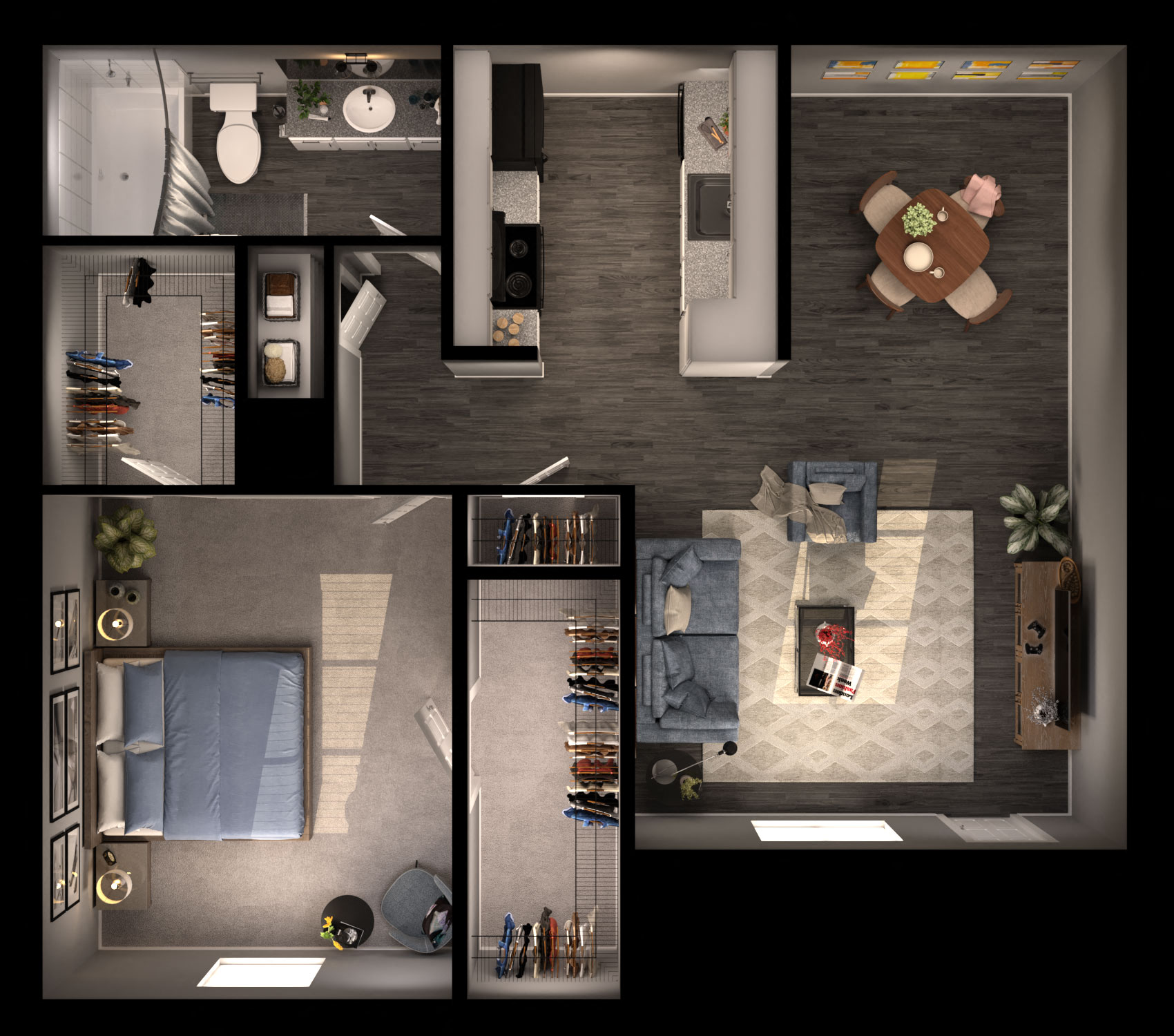 Floor plan for 1 bed, 1 bath, 678 sqft