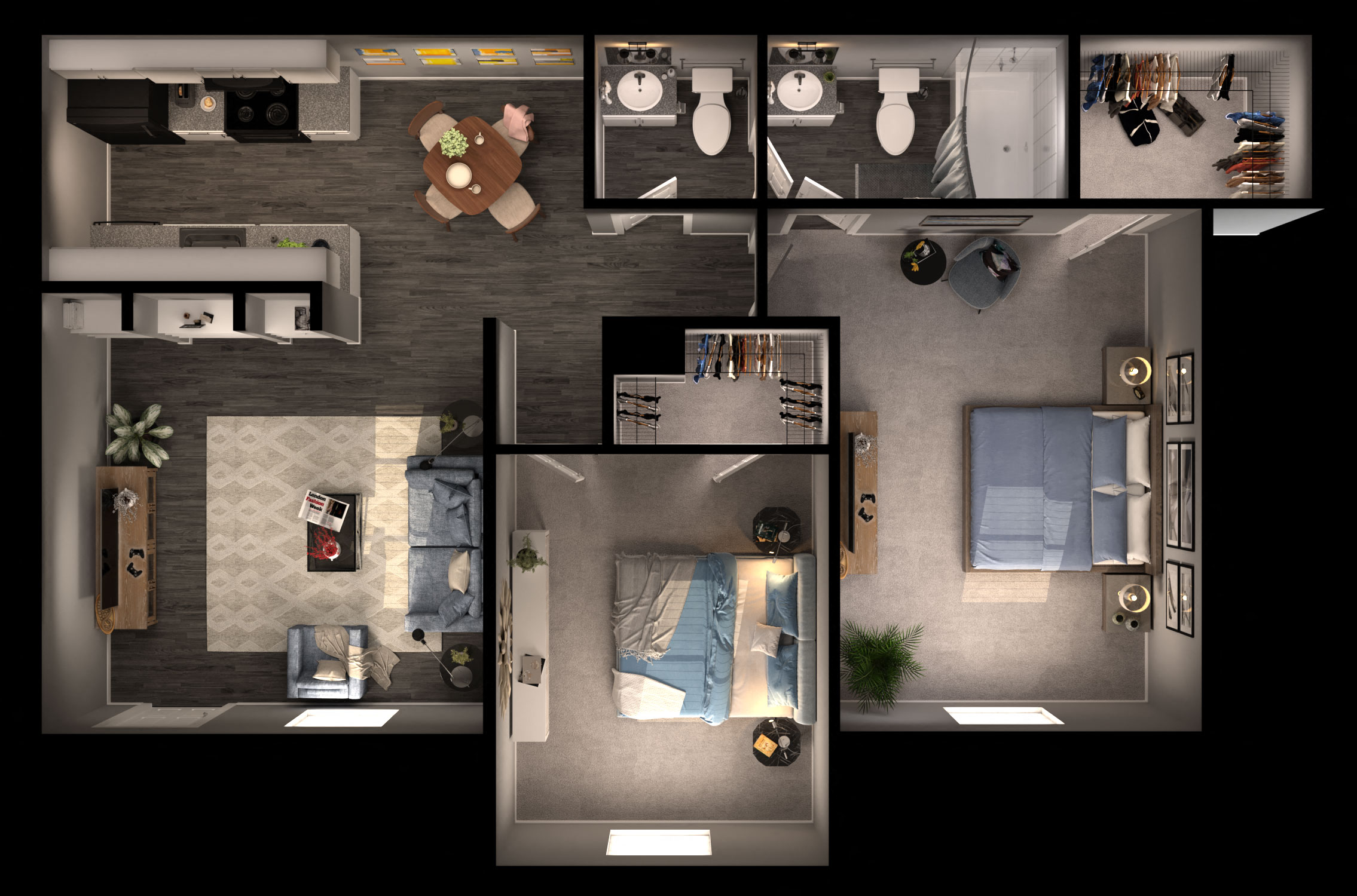 Floor plan for 2 beds, 1.5 baths, 835 sqft
