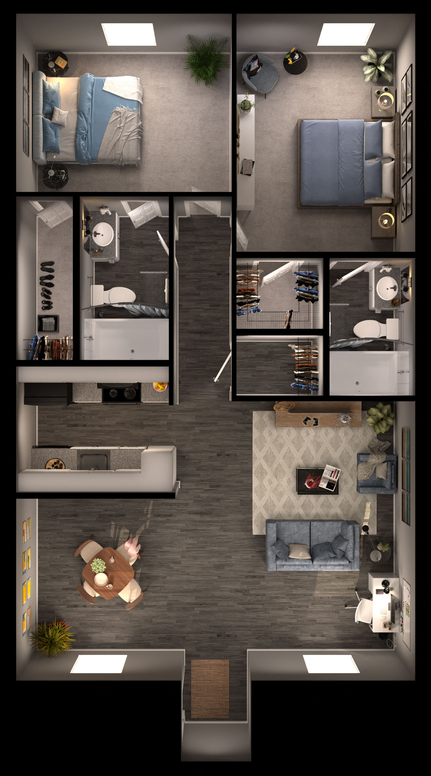 Floor plan for 2 beds, 2 baths, 932 sqft