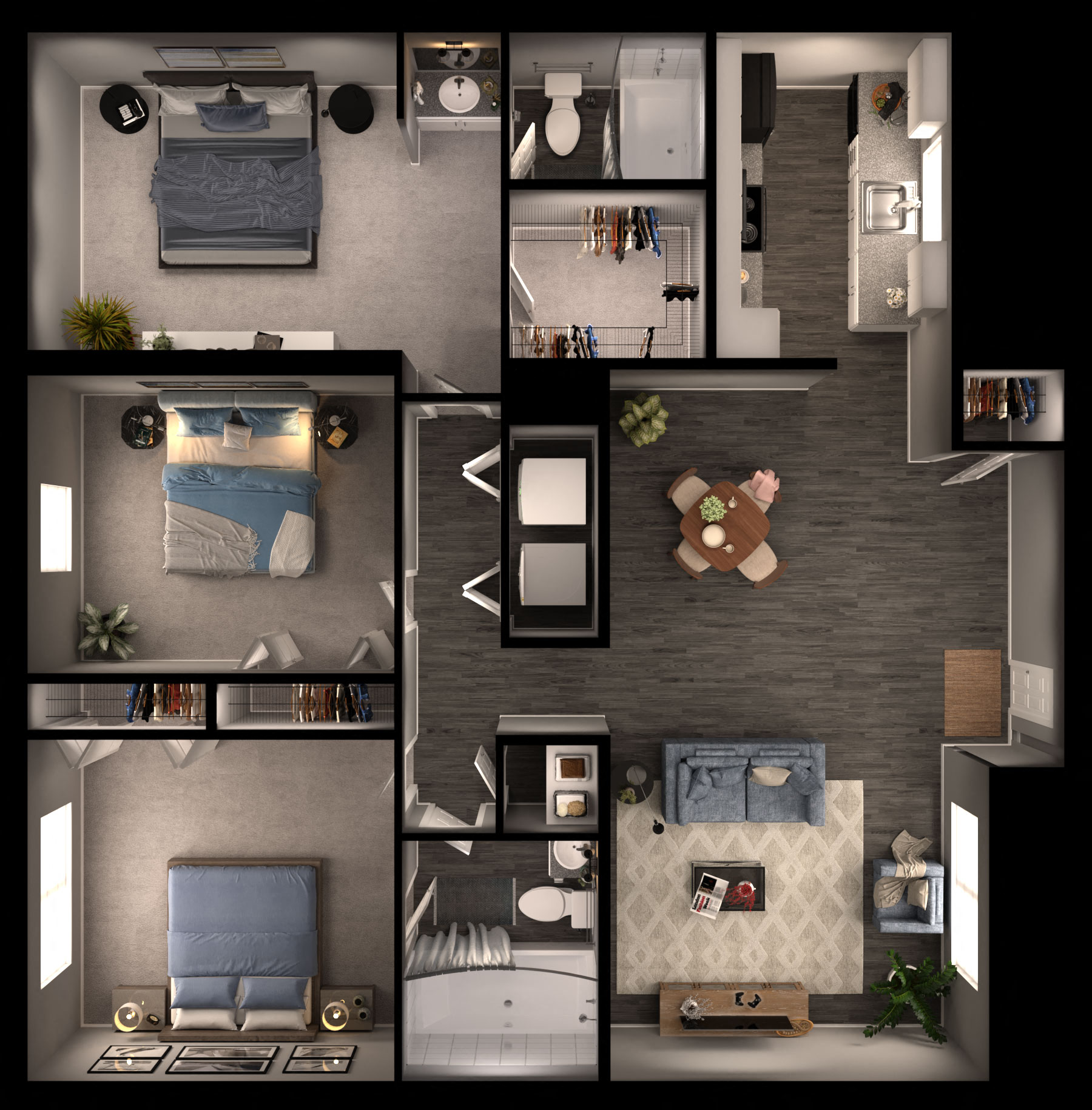 Floor plan for 3 beds, 2 baths, 1200 sqft