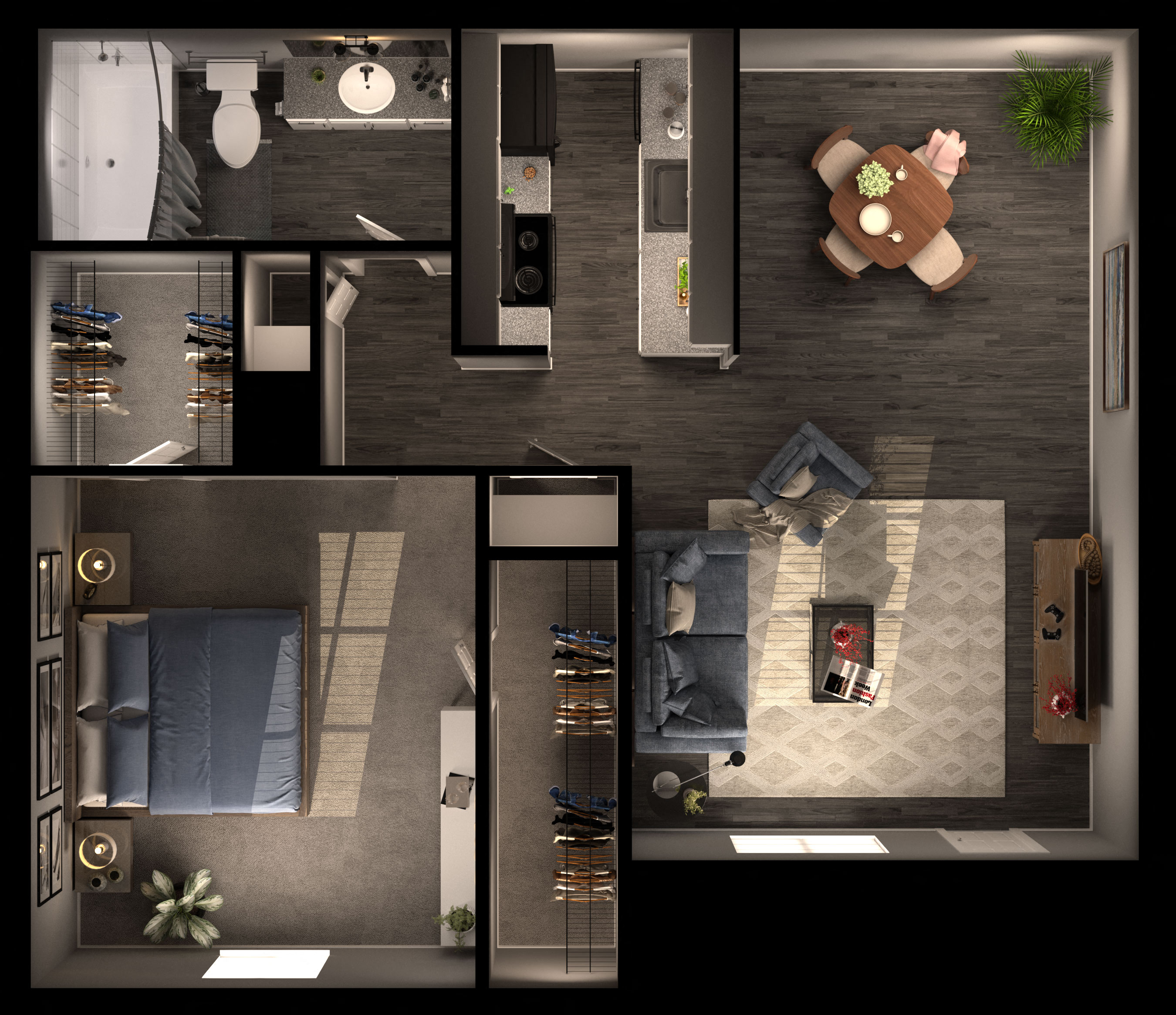 Floor plan for 1 bed, 1 bath, 678 sqft