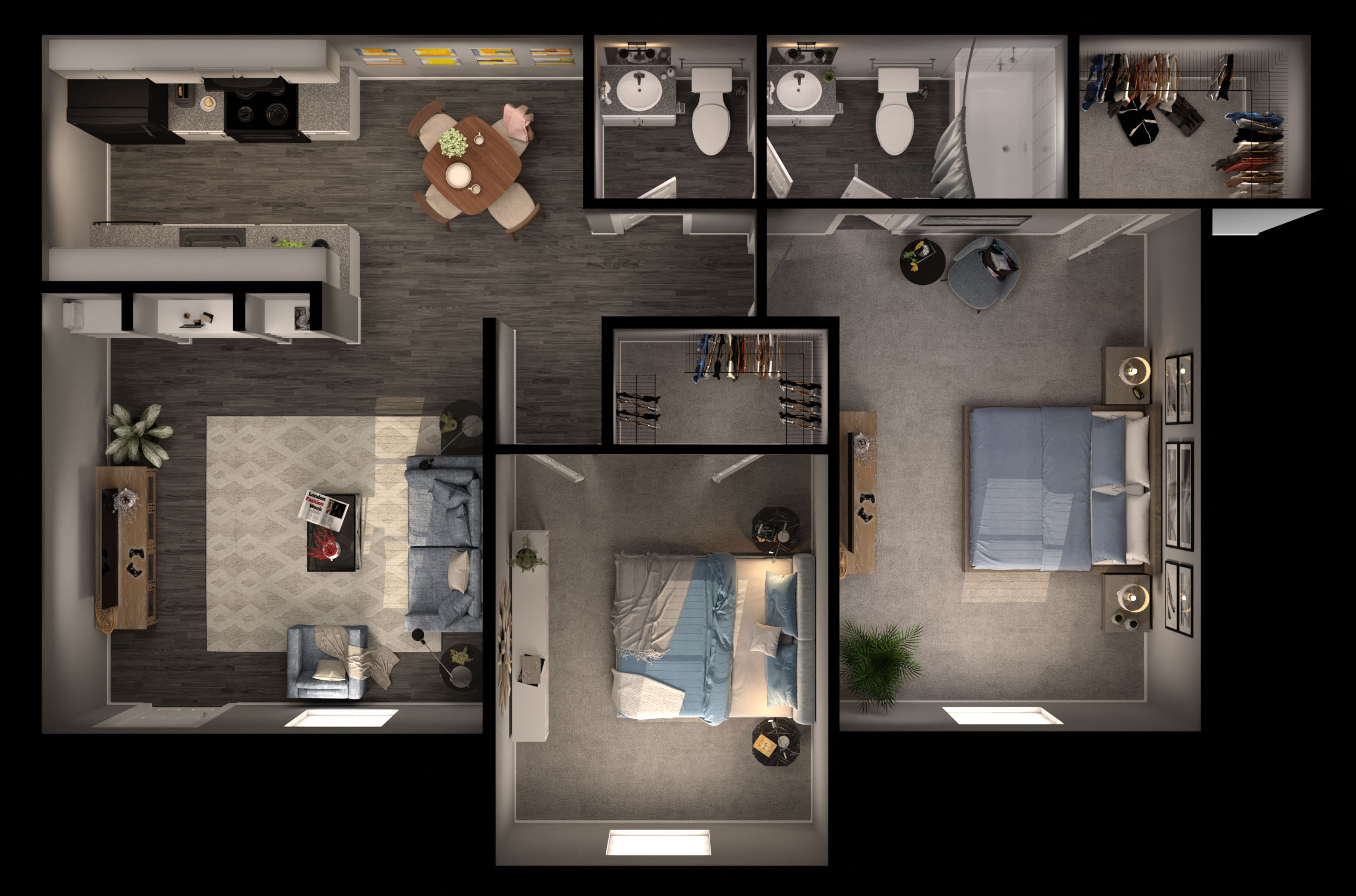 Floor plan for 2 beds, 1 bath, 835 sqft