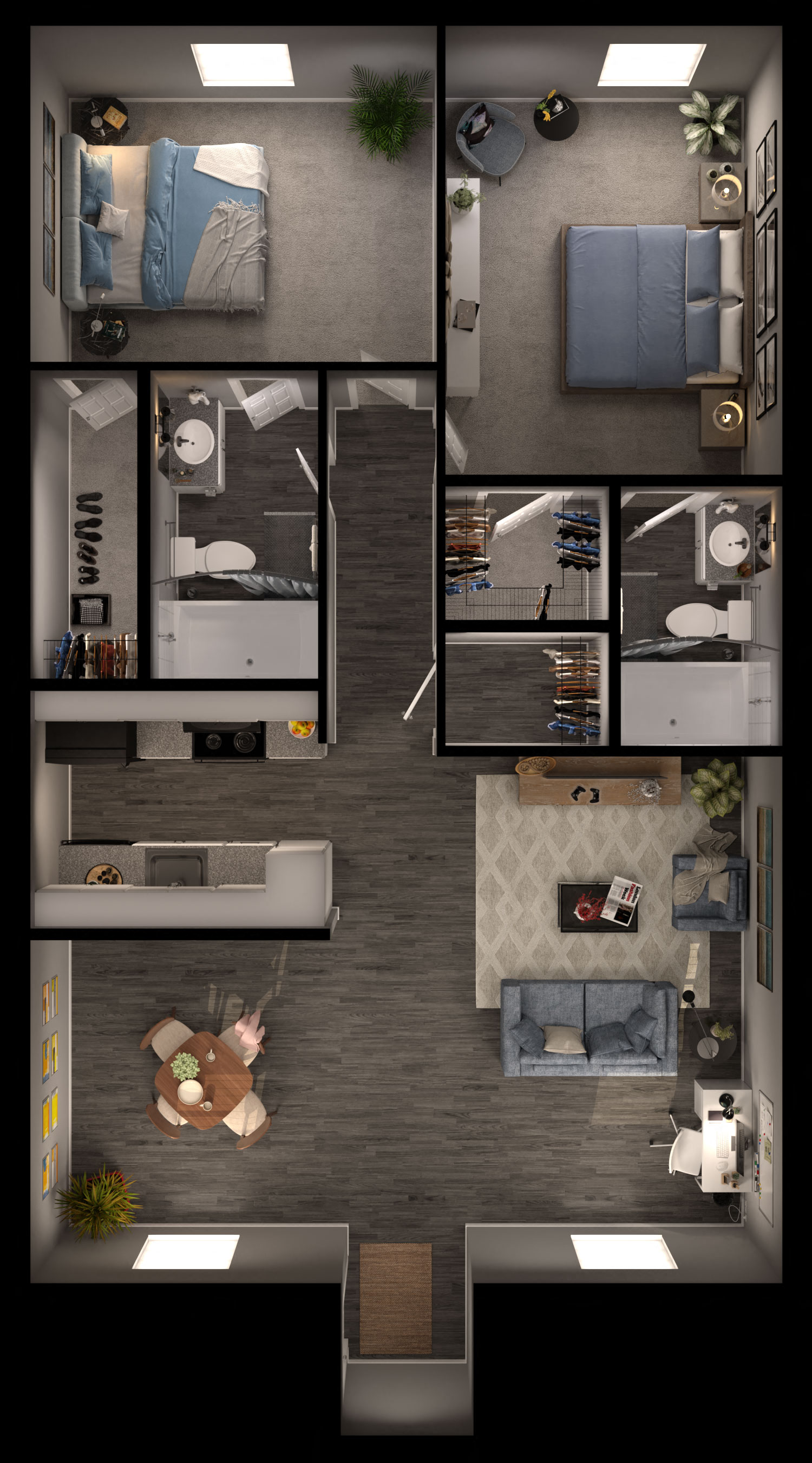 Floor plan for 2 beds, 2 baths, 932 sqft