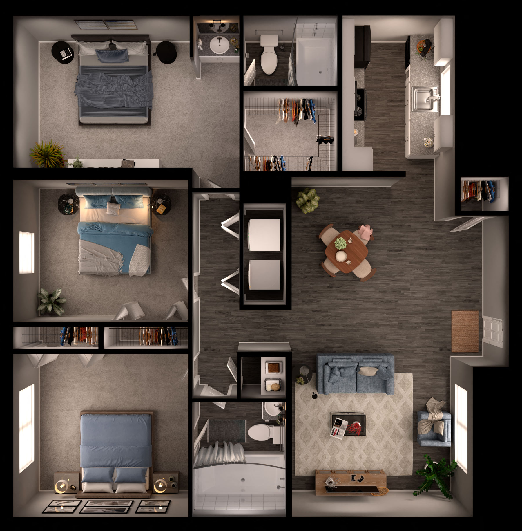 Floor plan for 3 beds, 2 baths, 1200 sqft