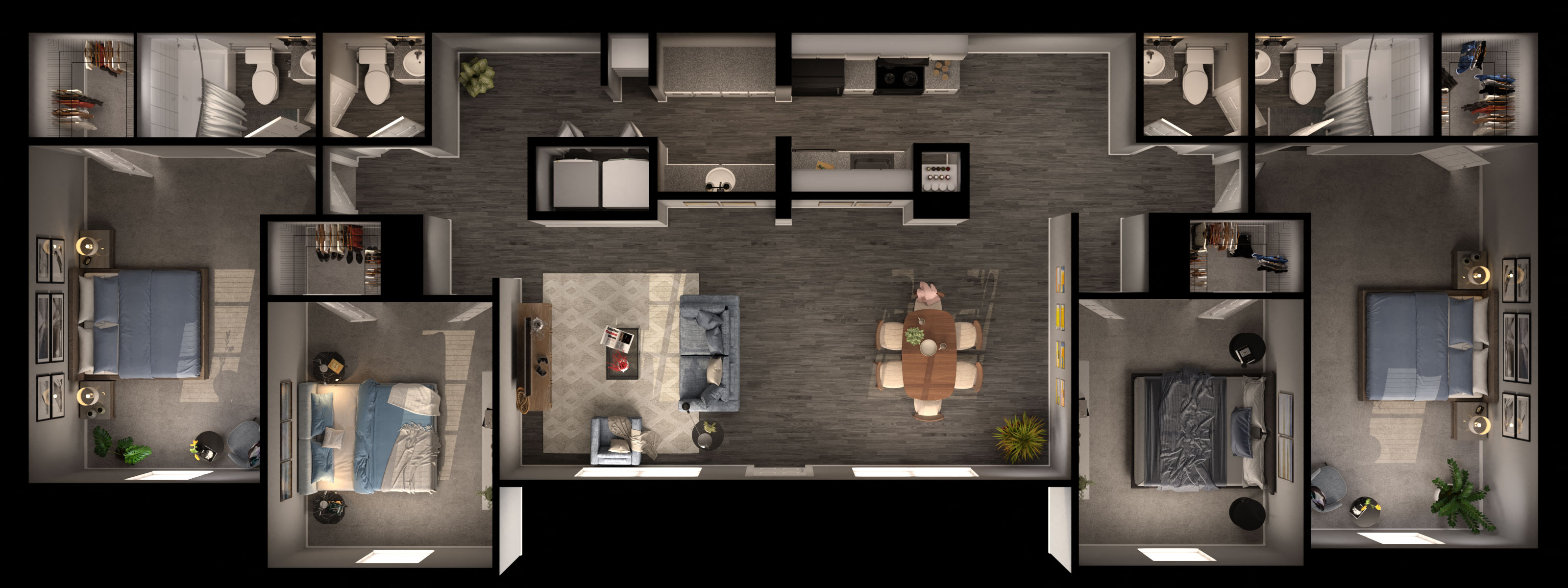 Floor plan for 4 beds, 2 baths, 1670 sqft