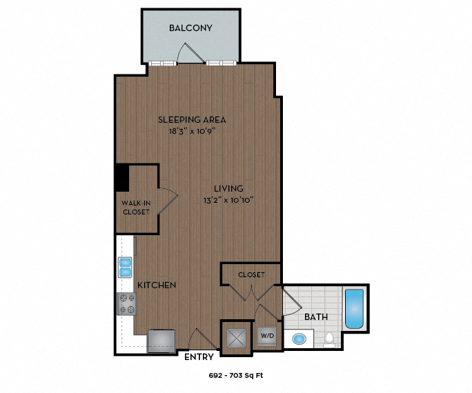 Floor plan for studio, 1 bath, 692 sqft