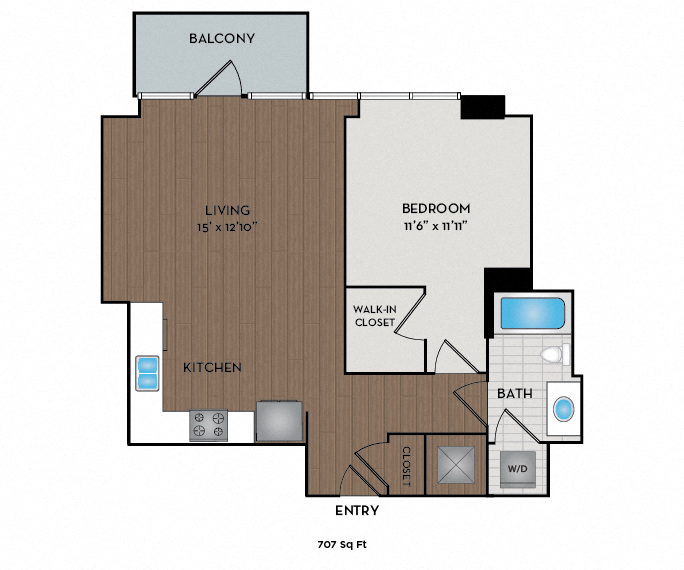 Floor plan for 1 bed, 1 bath, 707 sqft