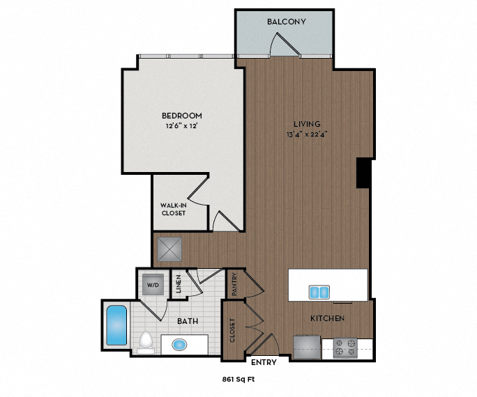 Floor plan for 1 bed, 1 bath, 861 sqft