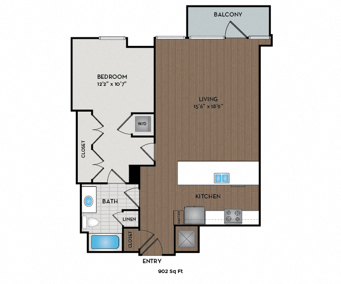 Floor plan for 1 bed, 1 bath, 902 sqft