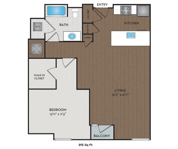 Floor plan for 1 bed, 1 bath, 915 sqft