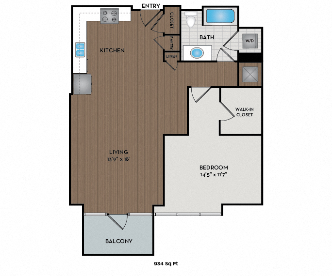 Floor plan for 1 bed, 1 bath, 934 sqft