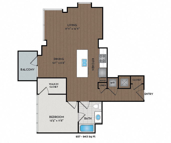 Floor plan for 1 bed, 1 bath, 943 sqft