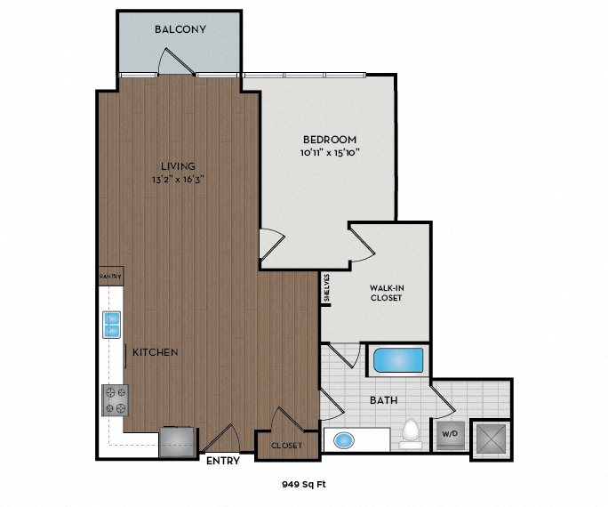 Floor plan for 1 bed, 1 bath, 949 sqft