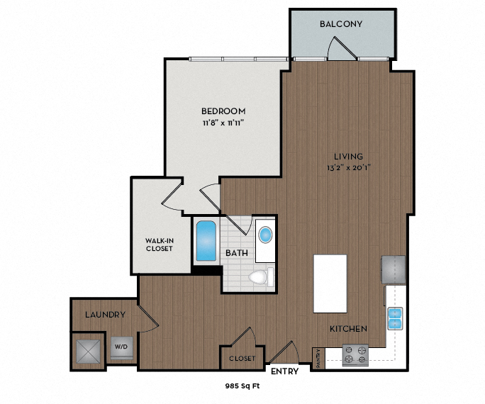 Floor plan for 1 bed, 1 bath, 985 sqft