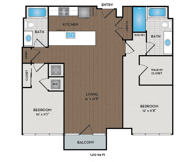 Floor plan for 2 beds, 2 baths, 1212 sqft