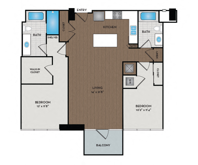 Floor plan for 2 beds, 2 baths, 1219 sqft