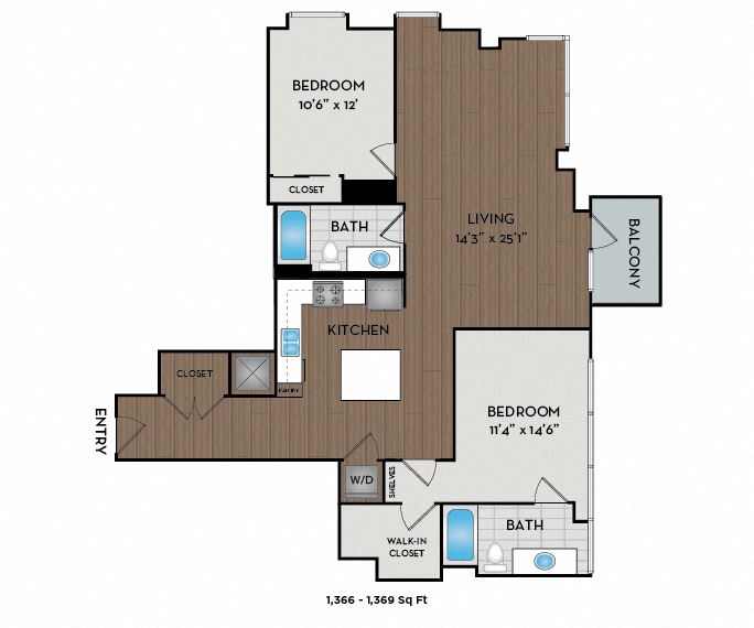 Floor plan for 2 beds, 2 baths, 1366 sqft