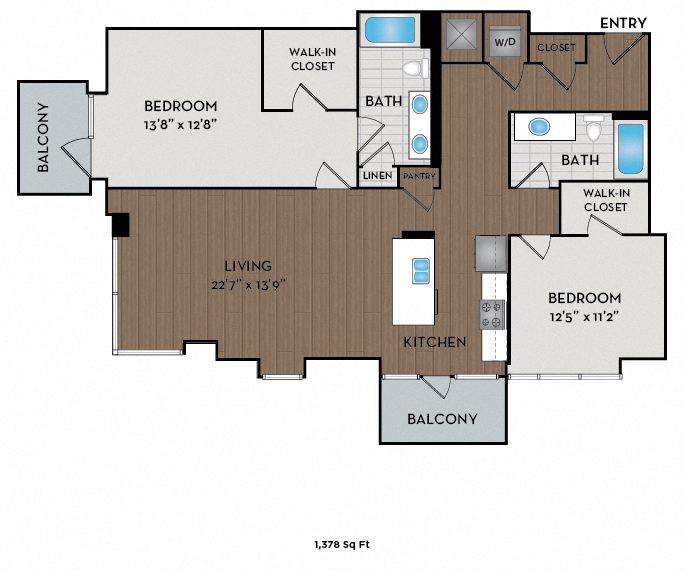 Floor plan for 2 beds, 2 baths, 1378 sqft