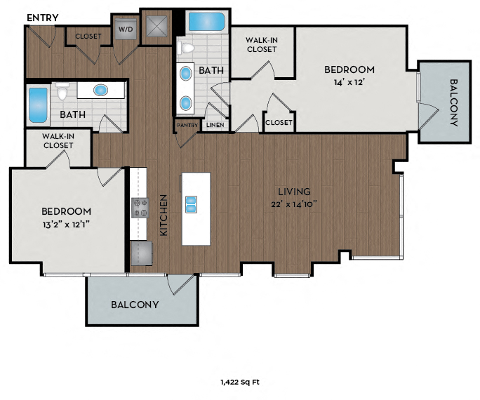 Floor plan for 2 beds, 2 baths, 1422 sqft