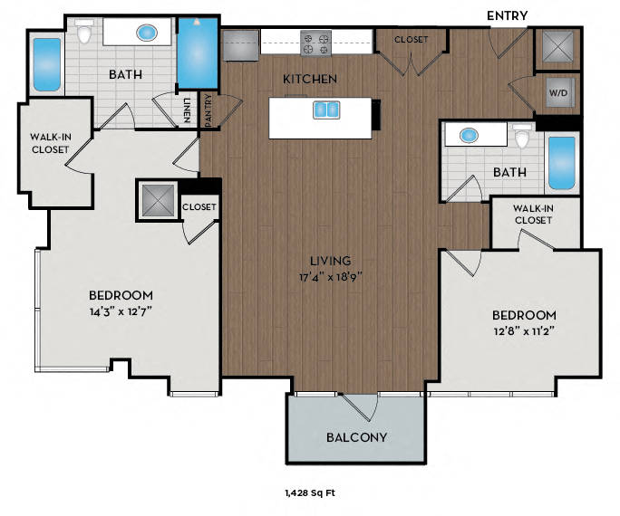 Floor plan for 2 beds, 2 baths, 1428 sqft