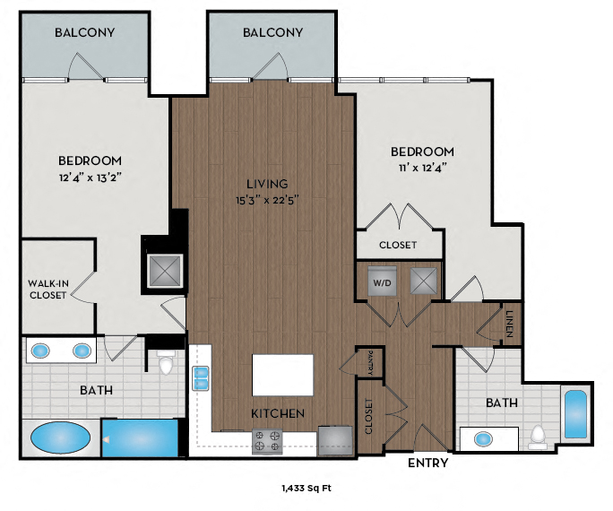 Floor plan for 2 beds, 2 baths, 1433 sqft