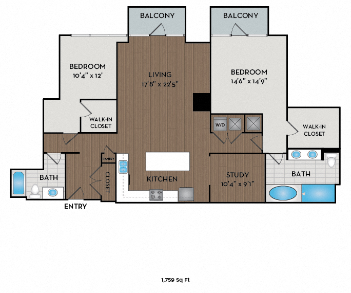 Floor plan for 2 beds, 2 baths, 1759 sqft