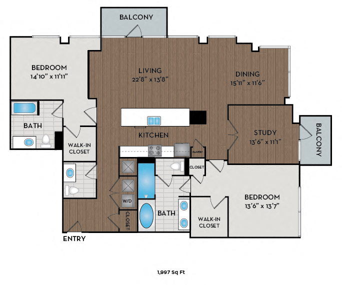 Floor plan for 2 beds, 2.5 baths, 1997 sqft
