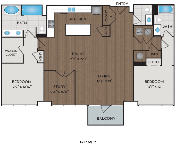 Floor plan for 2 beds, 3 baths, 1727 sqft