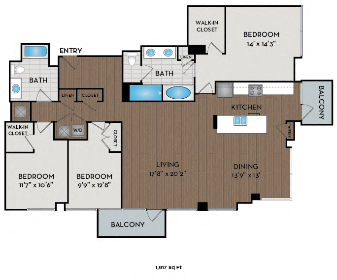 Floor plan for 3 beds, 2 baths, 1917 sqft
