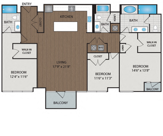 Floor plan for 3 beds, 3 baths, 1835 sqft