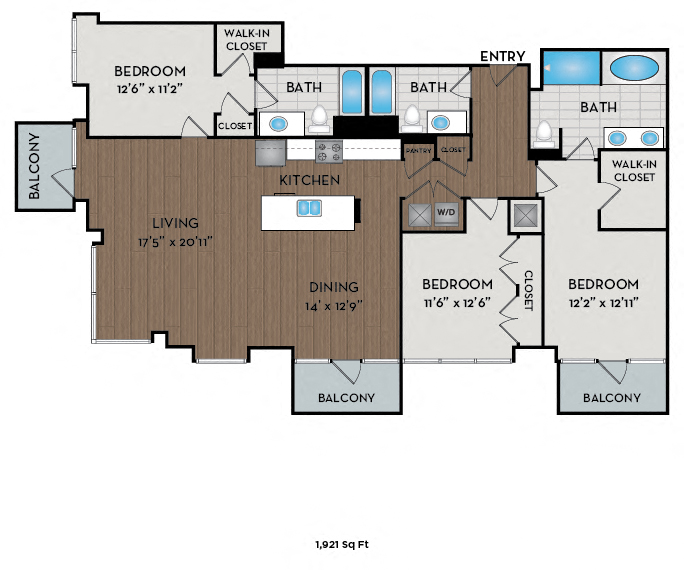Floor plan for 3 beds, 3 baths, 1921 sqft