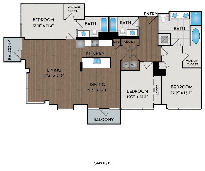 Floor plan for 3 beds, 3 baths, 1962 sqft