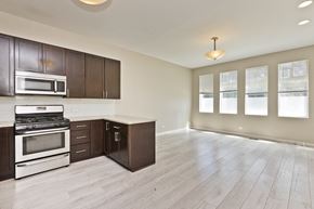 Chicago apartment for rent - an empty kitchen and living room with wood flooring and wooden cabinets