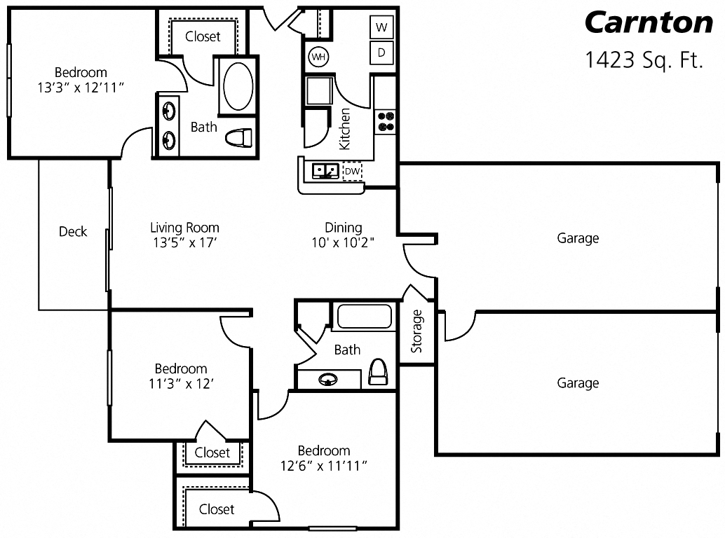 Floor plan for 3 beds, 2 baths, 1423 sqft