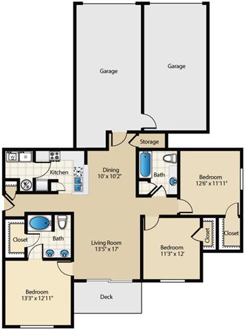 Floor plan for 3 beds, 2 baths, 1423 sqft