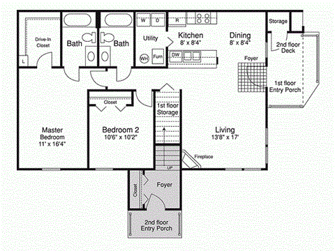 Floor plan for 2 beds, 2 baths, 1166 sqft