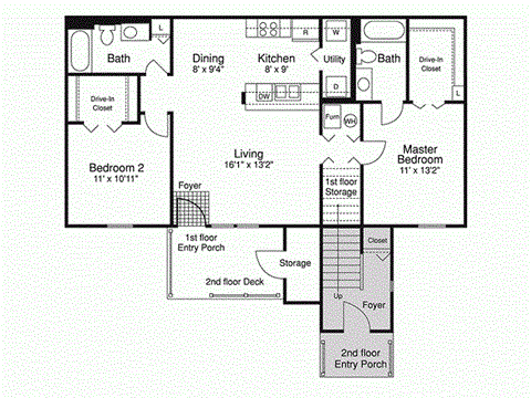 Floor plan for 2 beds, 2 baths, 1155 sqft