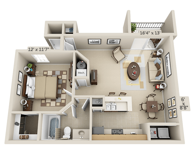 Floor plan for 1 bed, 1 bath, 694 sqft