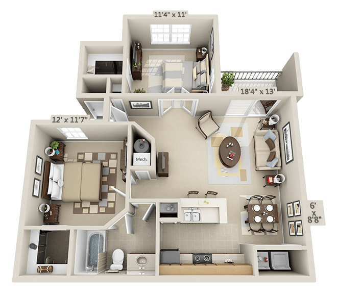 Floor plan for 1 bed, 1 bath, 847 sqft