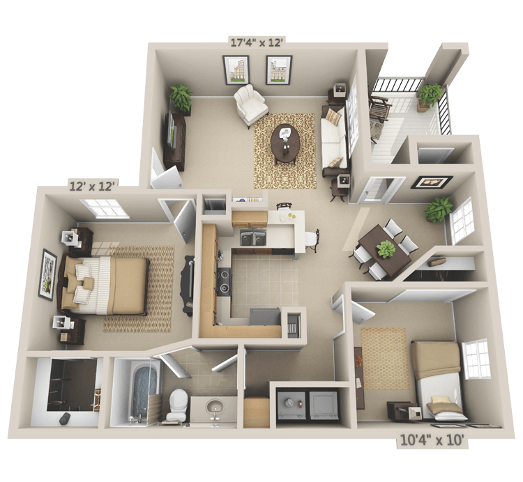 Floor plan for 2 beds, 1 bath, 847 sqft