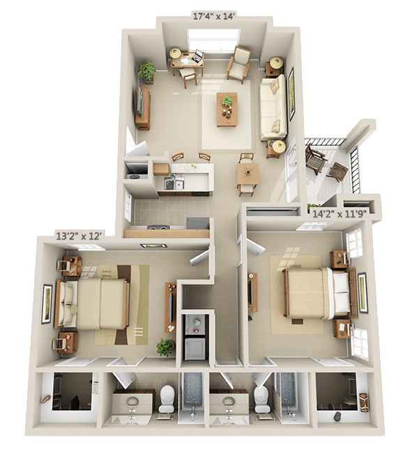 Floor plan for 2 beds, 2 baths, 1025 sqft
