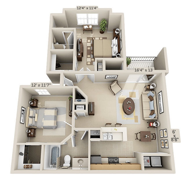 Floor plan for 2 beds, 2 baths, 968 sqft