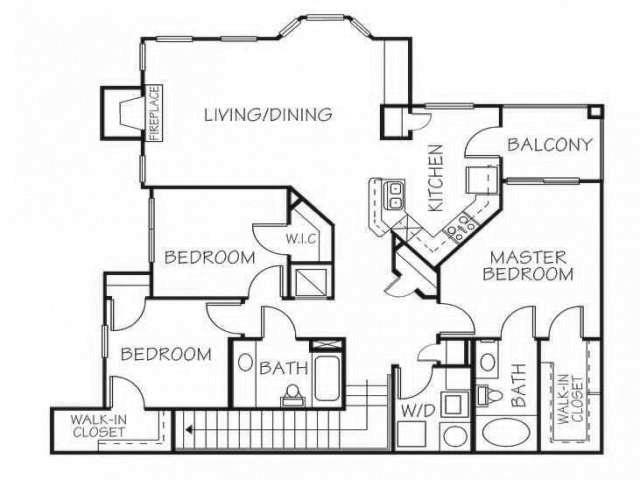 Floor plan for 3 beds, 2 baths, 1349 sqft