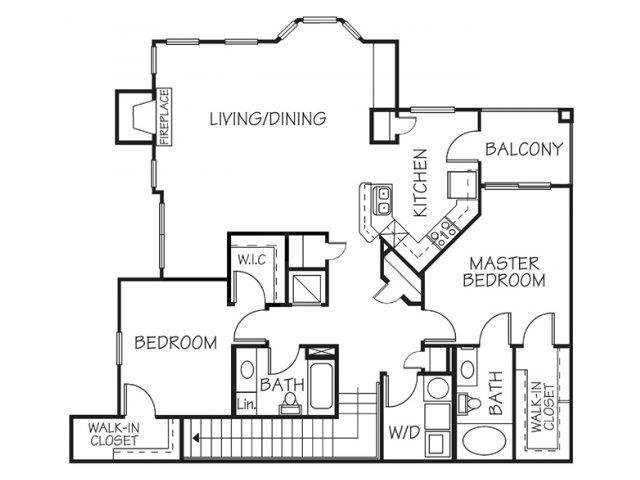 Floor plan for 2 beds, 2 baths, 1349 sqft