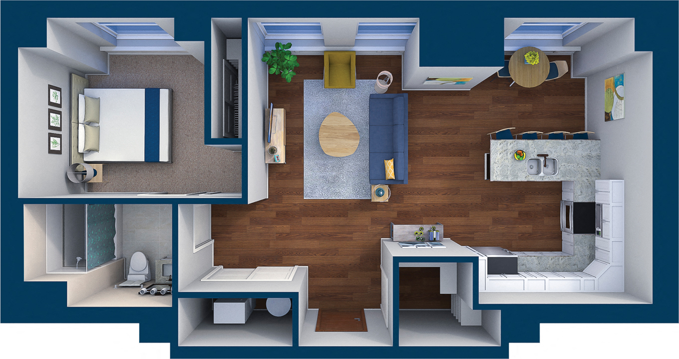 Floor plan for 1 bed, 1 bath, 855 sqft