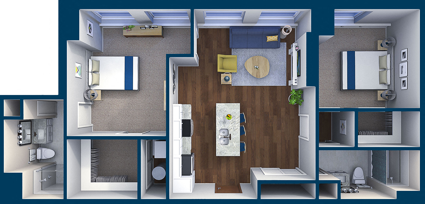 Floor plan for 2 beds, 2 baths, 1155 sqft