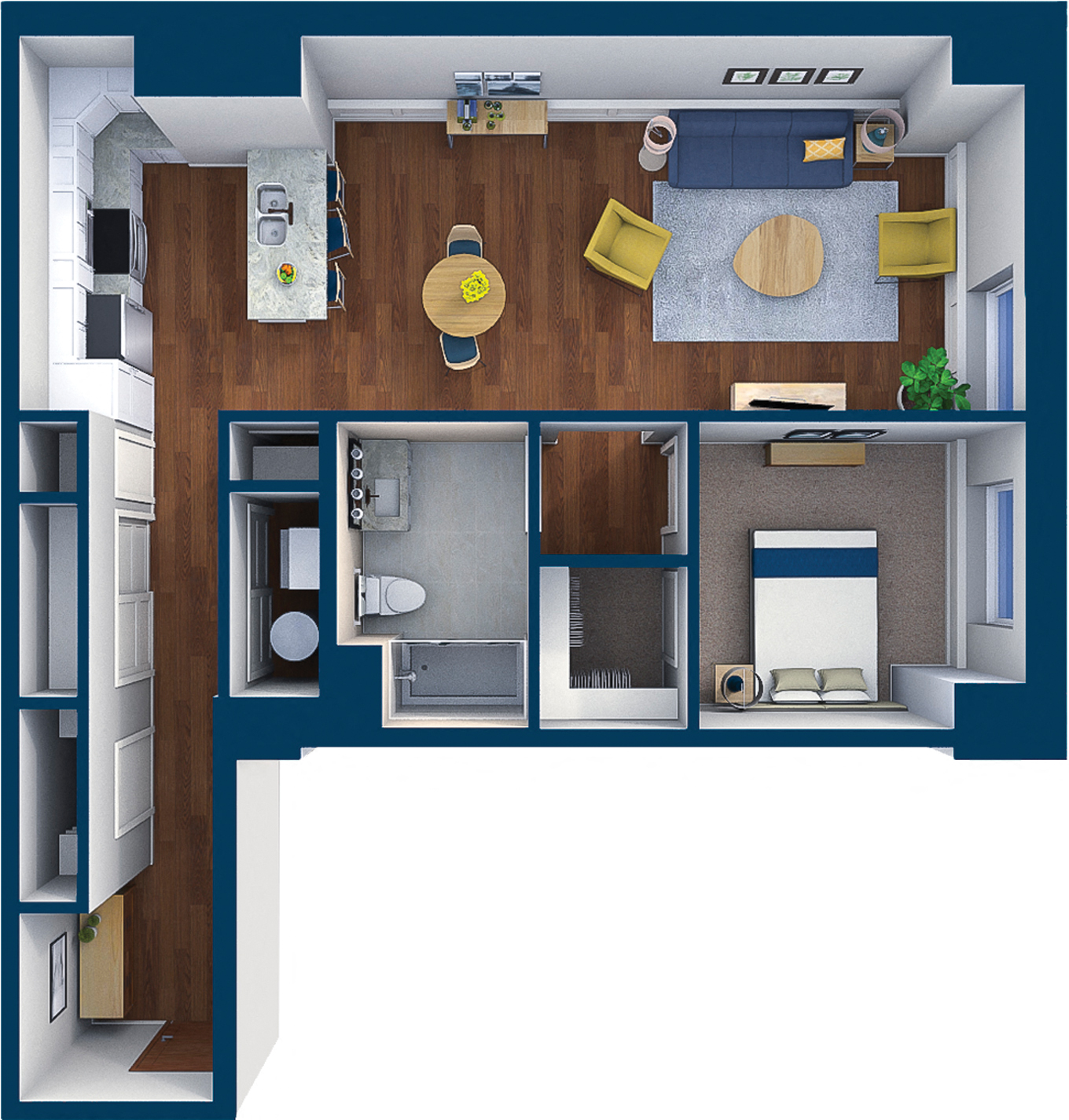 Floor plan for 1 bed, 1 bath, 940 sqft