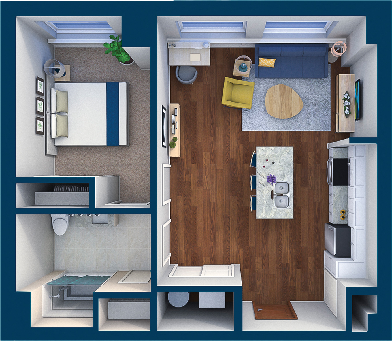 Floor plan for 1 bed, 1 bath, 730 sqft